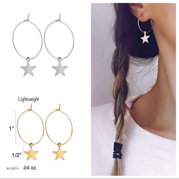 Earrings Silver Dangling Star on Hoops - Picture 4 of 7